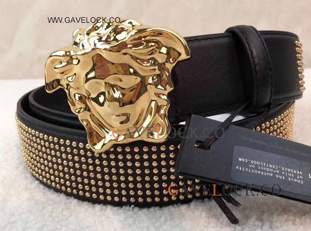 Replica Versae Studded Cool Black Leather Belt With Gold Buckle